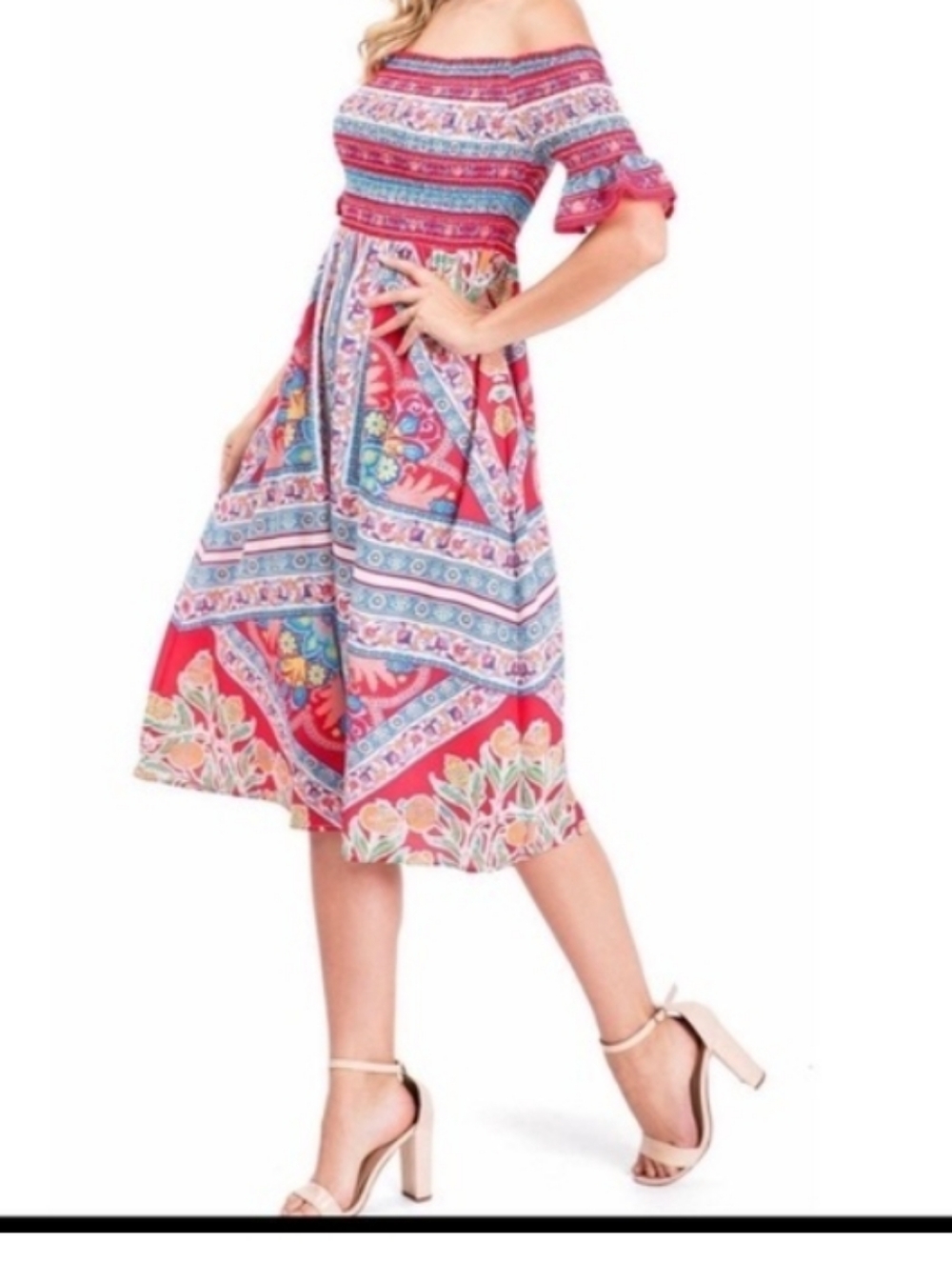 Flying Tomato Womens Size S  Off-Shoulder Midi Dress - Red Multi Floral